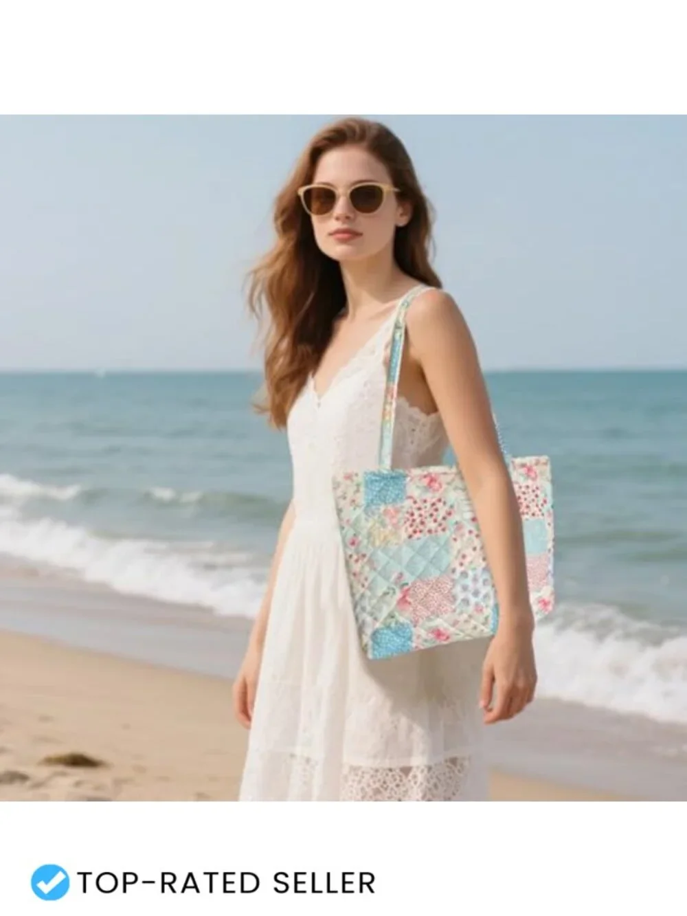 Quilted Floral Tote Bag with Zipper Closure for Women